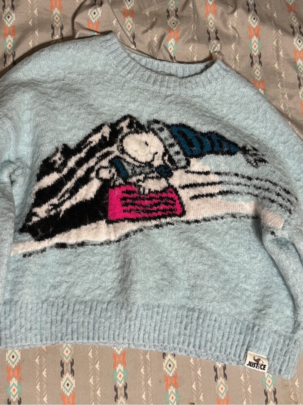Justice Light Blue Snoopy Graphic Crewneck Sweater with Pink & Navy Accents